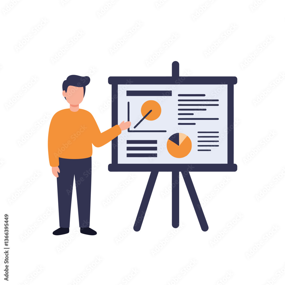 Poster business professional in casual attire presenting data on a large chart in a flat vector illustratio