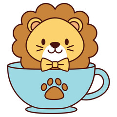 Cartoon Lion Cub with Brown Mane in Blue Teacup. Paw Print Decoration