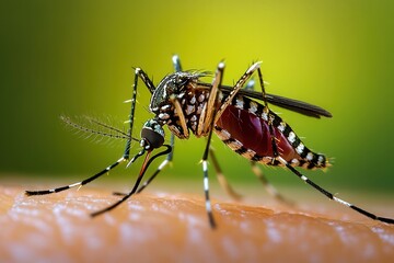 Close-up of a mosquito on human skin, highlighting its intricate details against a vibrant green background.