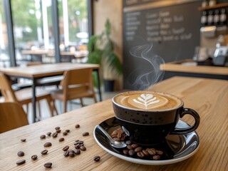 A black cup of cappuccino with a leaf-shaped latte art design sits