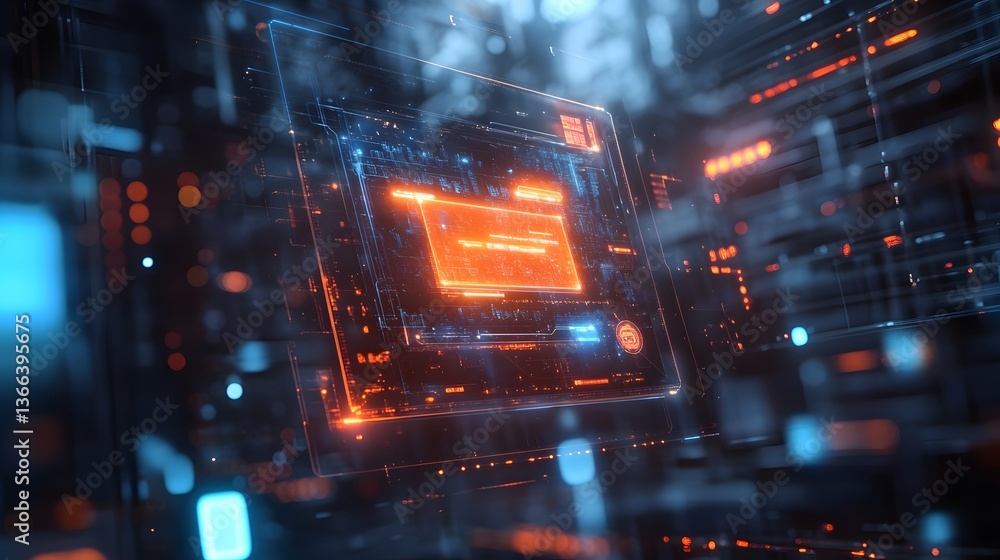 Poster a futuristic digital circuit board with an intricate design and glowing elements. the scene evokes a
