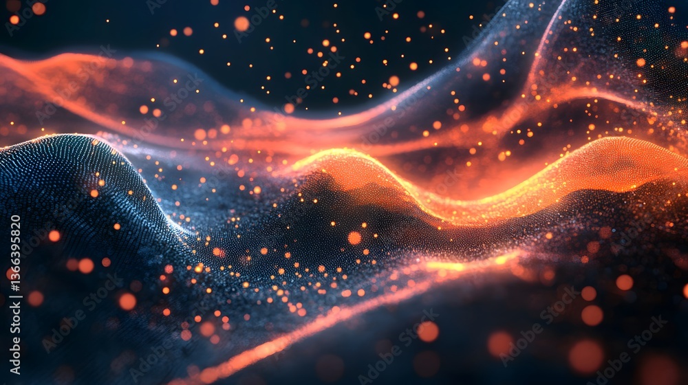 Poster abstract illustration of digital waves, resembling energy or data flow, with a dynamic and futuristi