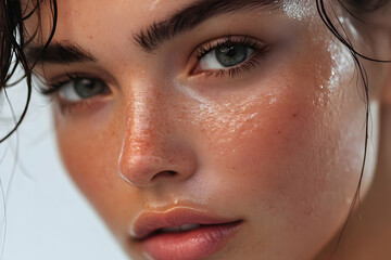 Fototapeta premium Close-up of a Woman's Face with Freckles and Glowing Skin, Showing Natural Beauty