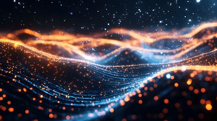 abstract digital waves glowing in vibrant colors, creating a sense of movement and energy. The scene captures the essence of data and the digital world with a touch of artistic flair.