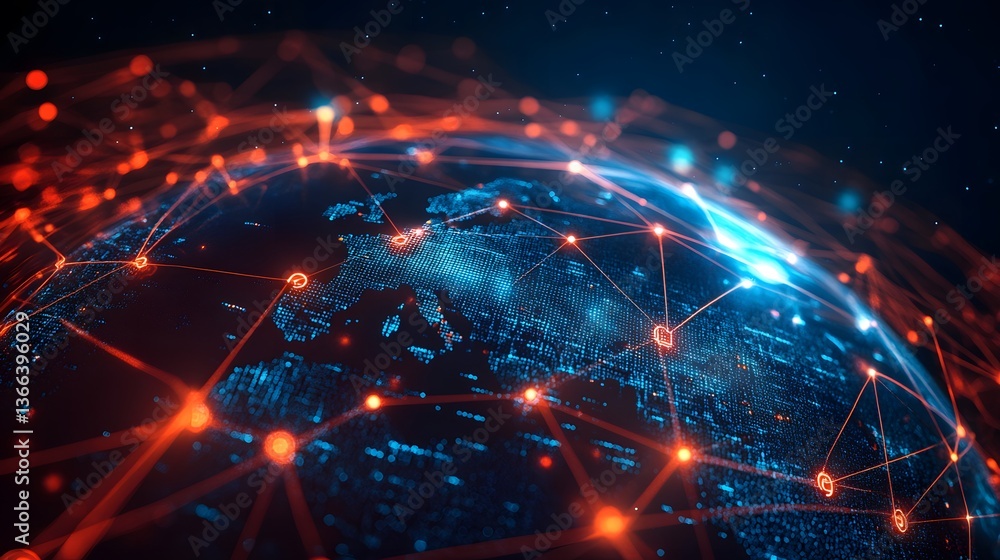Poster global digital network, showcasing the interconnectedness of data and information across the world, 