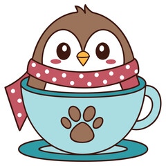 Cute Brown Penguin in Blue Cup with Paw Print and Red Polka Dot Scarf
