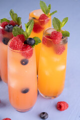 vibrant refreshing summer cocktails in tall glasses with fresh raspberries, blueberries, and mint leaves, against a cool light background, exuding a fresh and colorful citrus ambiance. flavorful