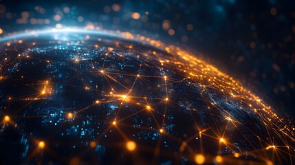 Obraz premium A futuristic digital representation of Earth, interconnected by a network of glowing lights. The image conveys a sense of technological advancement and global connectivity