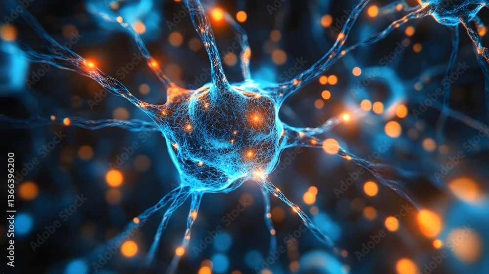 Poster a captivating microscopic view of a neuron, showcasing its intricate structure and neural network co