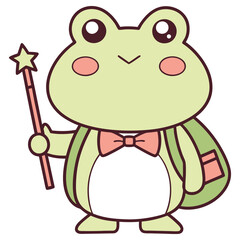 Cartoonish Light Green Frog with Bow Tie, Backpack, and Star Wand on Transparent Background