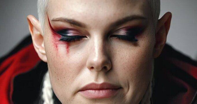 Fantasy warrior's intense gaze and emotional epiphany, red cloak, dramatic makeup, elf ears, closeup sequence