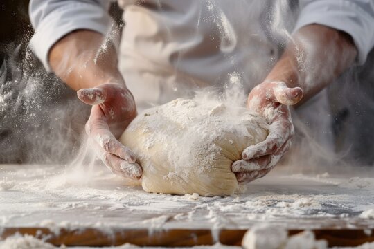 Naklejki Hands kneading dough with flour flying in the air creating a dynamic scene of baking preparation showcasing the art of bread making healthy eating concept