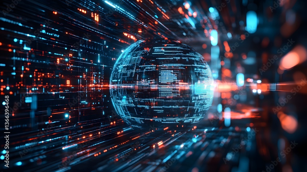 Poster a digital sphere representing global connectivity, surrounded by flowing data streams and energy