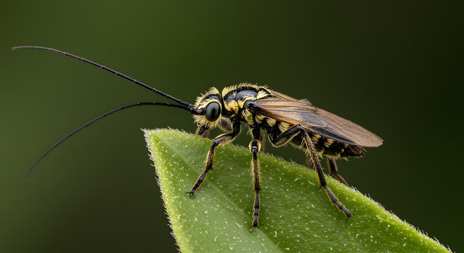 Strepsiptera detailed macro shot on a leaf showcasing intricate insect anatomy
