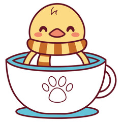 Cute Little Chick in Striped Scarf Sitting Inside White Coffee Cup with Paw Print