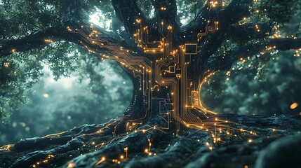 Glowing neural connection circuit tree in green forest picture