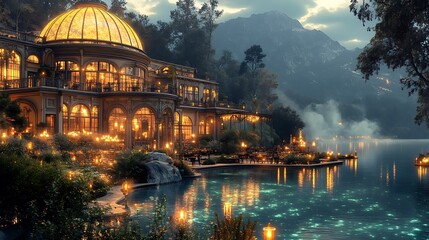 Fototapeta premium A Luxurious hotel with some car and a beautiful swimming pool and garden and beautiful background 