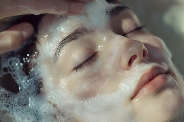 Fototapeta premium Serene Skincare, Close-up of Woman's Face Being Washed Gently with Foaming Cleanser