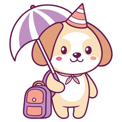 Charming Cartoon Dog With Umbrella, Party Hat, and Backpack on a White Background
