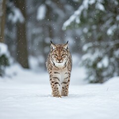 Obraz premium Eurasian Lynx Walking in Snowy Winter Forest – Majestic Wildlife Portrait