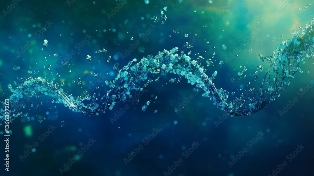 Poster a dynamic abstract representation of a wave composed of shimmering blue particles, evoking fluidity,