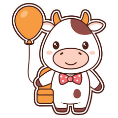 Cartoon Cow with Orange Balloon, Suitcase, and Bow Tie on Transparent Background