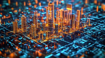 futuristic cityscape with glowing orange lights, illustrating a modern metropolis. High-rise buildings are illuminated against a backdrop of interconnected networks