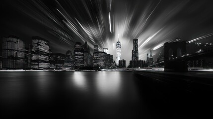 NYC skyline, night, zoom burst, bridge, cityscape, urban, background, website banner