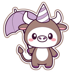 Cartoon Bull Character Holding Purple Umbrella With Party Hat on Transparent