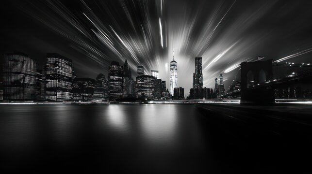 Fototapeta NYC skyline, night, zoom burst, bridge, cityscape, urban, background, website banner