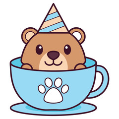 Fototapeta premium Cartoon Brown Bear in Blue Cup with Party Hat on Isolated White Background