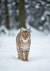 Eurasian Lynx Walking in Snowy Winter Forest – Majestic Wildlife Portrait

