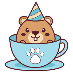 Cartoon Beaver in Blue Cup with Hat, Paw Print on Transparent Background