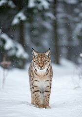 Obraz premium Eurasian Lynx Walking in Snowy Winter Forest – Majestic Wildlife Portrait