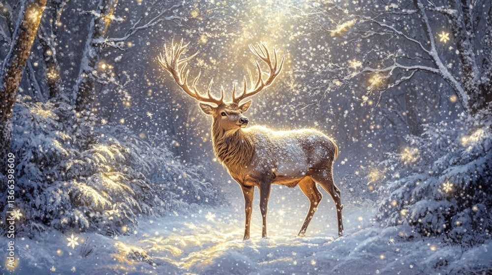 Poster a stunning deer with prominent antlers stands in a frosty forest as light filters through snow-cover