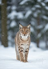 Obraz premium Eurasian Lynx Walking in Snowy Winter Forest – Majestic Wildlife Portrait