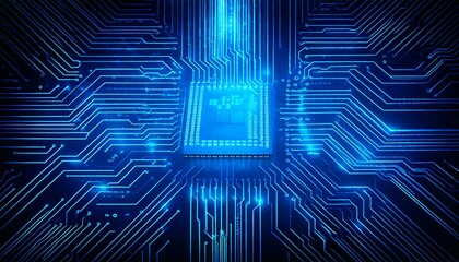 Neon blue circuit board glowing against a dark background