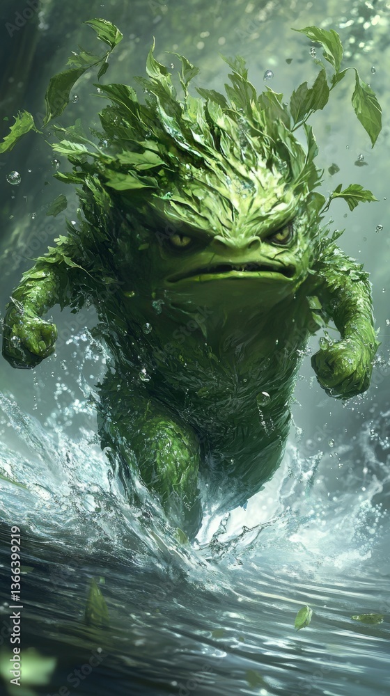 Poster vibrant fantasy character featuring a leaf-covered, green amphibious creature running through water 