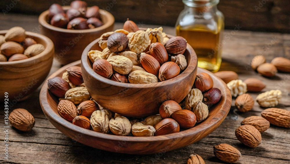 Poster assorted nuts in a wooden bowl on a rustic table