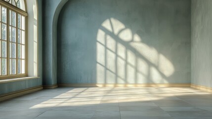 Bright and airy interior space with soft shadows cast from arched windows.