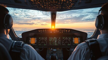 Fototapeta premium A commercial airline pilot adjusting flight instruments cockpit gigapixel image sunset view aviation concept