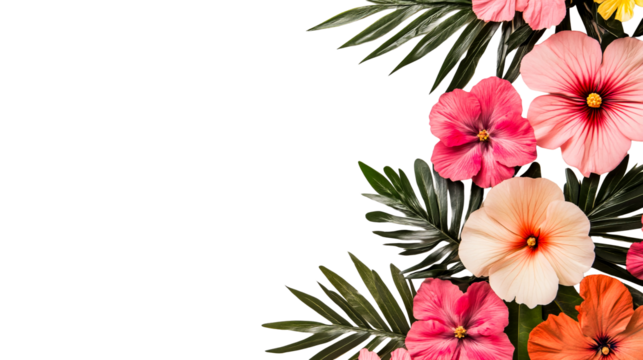 Hibiscus blooms and palm leaves, tropical floral arrangement, cut out transparent