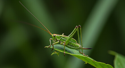 Fototapeta premium Vibrant Green Tree Cricket Resting Gracefully on a Leaf in Lush Surroundings