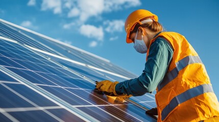 Female electrician installing solar panels in protective gear outdoor environment technical installation professional viewpoint