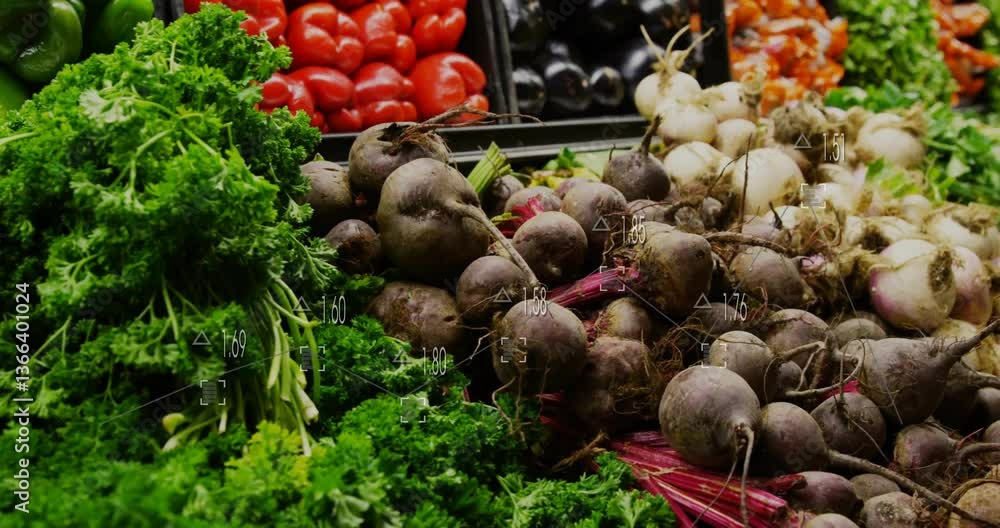 Poster fresh vegetables like beets, kale, tomatoes with data processing animation overlaying