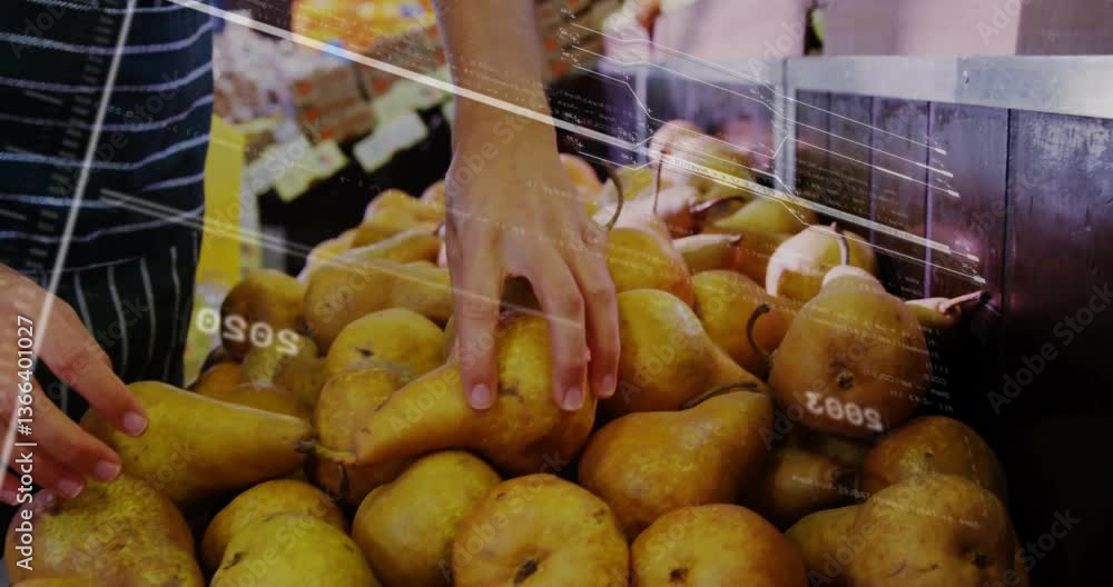Poster hand selecting pears with data processing animation overlaying in orchard scene