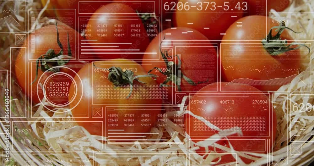 Poster digital data processing overlay on tomatoes in straw in agricultural setting