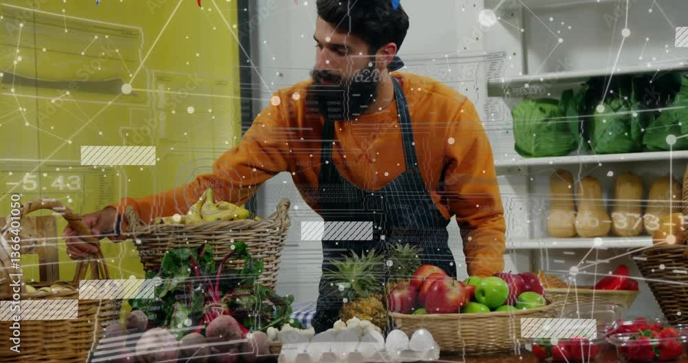 Poster man arranging fruits and vegetables with data processing animation overlay