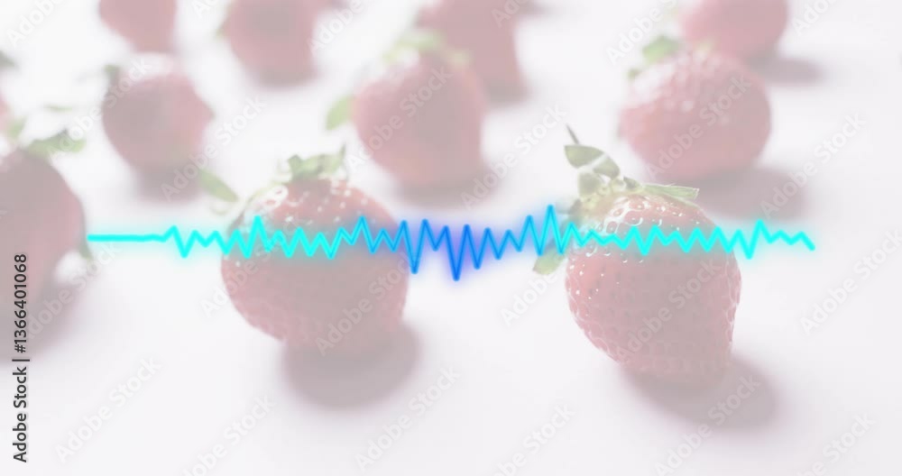 Poster blue soundwave animation overlaying strawberries on white surface, creating dynamic effect