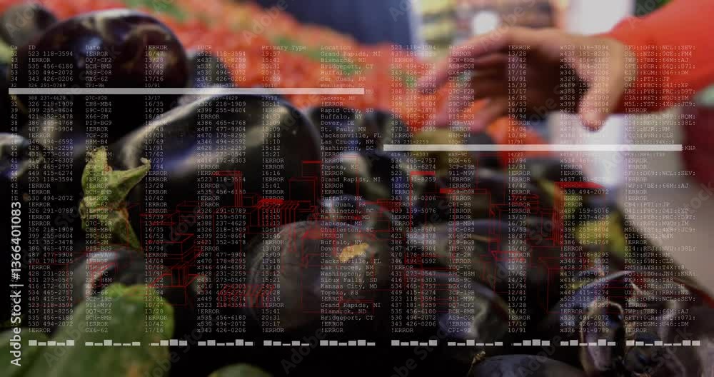 Poster selecting eggplants by hand, data processing animation overlay in school setting